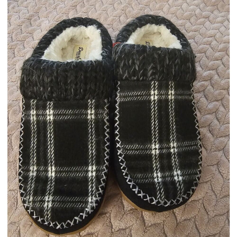 Dearfoams Cozy Comfort Moc Toe Clog Slippers Women's Size 7-8 M Black Gray Plaid